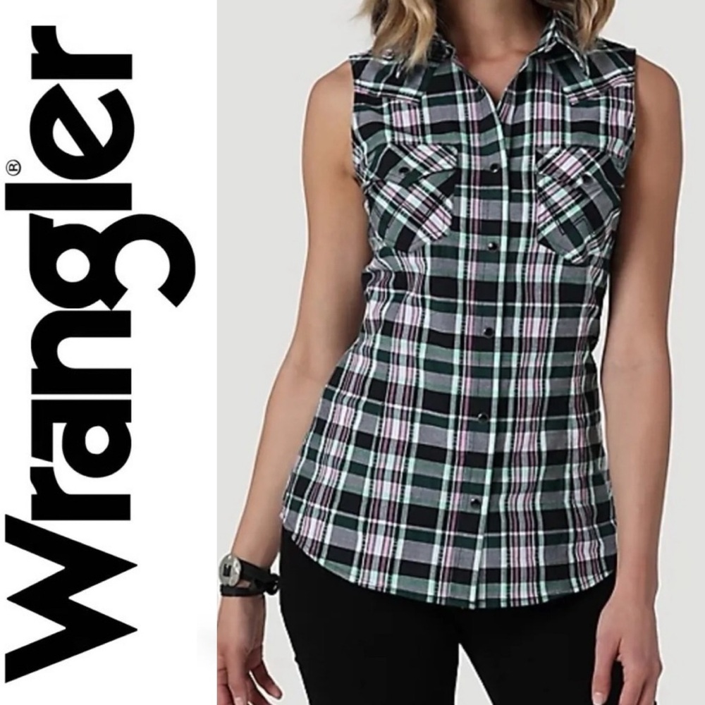 NWT WRANGLER Sleeveless black Pearl Snap Plaid shirt Size XL 112330047